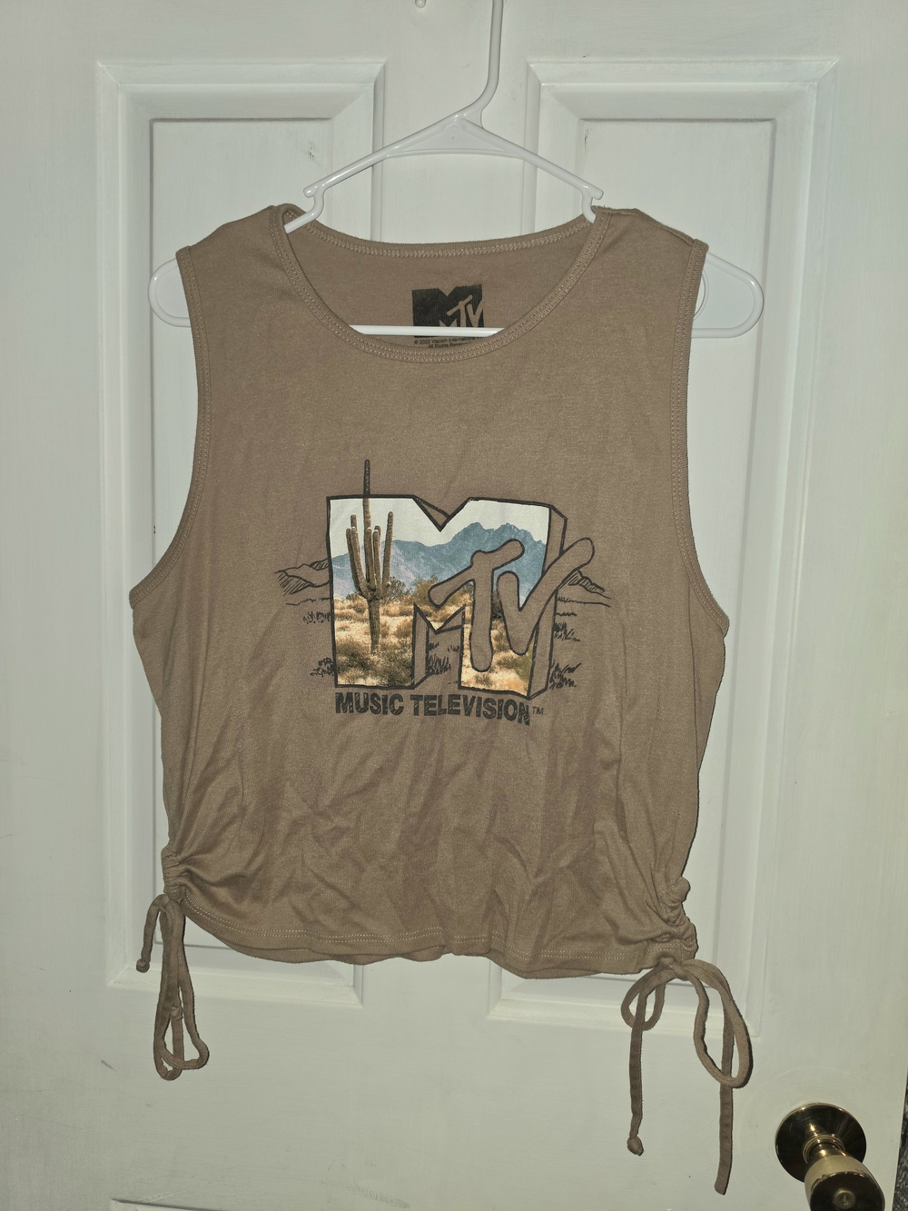 MTV Tan Desert Graphic Crop Tank with Side Ties and Drawstrings